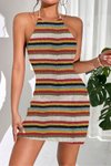 Renkli Çizgili Desenli Yazlık Yumuşak Triko Sırtı Açık Elbise