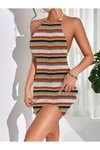 Renkli Çizgili Desenli Yazlık Yumuşak Triko Sırtı Açık Elbise