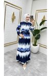 Lacivert Batik Desenli Kemerli Elbise