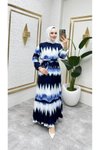 Lacivert Batik Desenli Kemerli Elbise