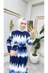 Lacivert Batik Desenli Kemerli Elbise