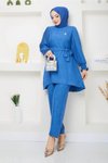 Mavi Kolu Piliseli Broşlu Pantolonlu Takım