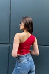 Kırmzı Tek Omuzlu Büzgülü Crop Bluz
