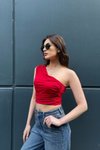 Kırmzı Tek Omuzlu Büzgülü Crop Bluz