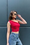 Kırmzı Tek Omuzlu Büzgülü Crop Bluz