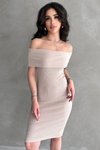 Bej Madonna Yaka Kaşkorse Midi Elbise