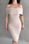 Bej Madonna Yaka Kaşkorse Midi Elbise