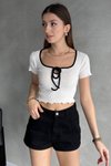 Beyaz Brska Model Yakası Biyeli Kurdaleli Bağlamalı Crop