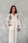 Beyaz Fiyonk Detaylı İnci İşlemeli Aerobin Keten Gömlek