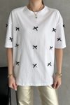 Beyaz Oversize Kurdele Detaylı Tshirt