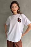 Beyaz Siyah Bisiklet Yaka Nakışlı Ovirsize Örme T-shirt