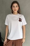 Beyaz Siyah Bisiklet Yaka Nakışlı Ovirsize Örme T-shirt