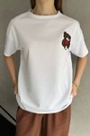 Beyaz Siyah Bisiklet Yaka Nakışlı Ovirsize Örme T-shirt