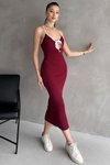 Bordo Beyaz Biye Askılı Kaşkorse Midi Elbise