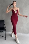 Bordo Beyaz Biye Askılı Kaşkorse Midi Elbise