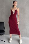 Bordo Beyaz Biye Askılı Kaşkorse Midi Elbise