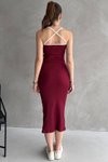 Bordo Beyaz Biye Askılı Kaşkorse Midi Elbise