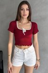 Bordo Brska Model Yakası Biyeli Kurdaleli Bağlamalı Crop