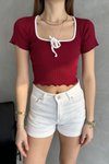 Bordo Brska Model Yakası Biyeli Kurdaleli Bağlamalı Crop