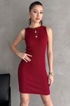 Bordo Halter Yaka Çizgili Ve Düz Mini Elbise