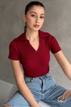Bordo Kısa Kollu Yaka Detaylı V T-shirt