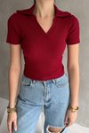 Bordo Kısa Kollu Yaka Detaylı V T-shirt
