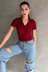Bordo Kısa Kollu Yaka Detaylı V T-shirt