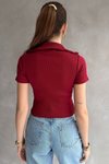 Bordo Kısa Kollu Yaka Detaylı V T-shirt