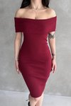 Bordo Madonna Yaka Kaşkorse Midi Elbise