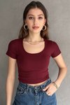 Bordo Modal Kumaş Oval Yaka Crop