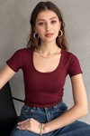 Bordo Modal Kumaş Oval Yaka Crop