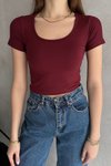 Bordo Modal Kumaş Oval Yaka Crop