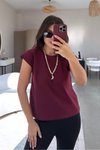 Bordo Pamuklu Omzu Dikişli Vatka Görünümlü Yarasa Kol T-shirt