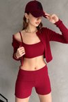 Bordo Rabi Shine İp Askılı Crop. Hırka Ve Short Kaşkorse Takım