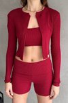 Bordo Rabi Shine İp Askılı Crop. Hırka Ve Short Kaşkorse Takım