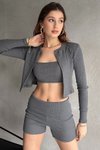 Füme İp Askılı Crop Hırka Ve Short Kaşkorse Takım