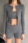 Füme İp Askılı Crop Hırka Ve Short Kaşkorse Takım