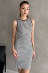 Gri Beyaz Halter Yaka Çizgili Ve Düz Mini Elbise