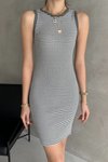 Gri Beyaz Halter Yaka Çizgili Ve Düz Mini Elbise