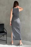 Gri Halter Yaka Biye Detaylı Yumuşak Kumaş Yırtmaçlı Esnek Uzun Elbise