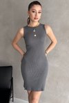 Gri Halter Yaka Çizgili Ve Düz Mini Elbise