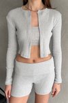Gri İp Askılı Crop. Hırka Ve Short Kaşkorse Takım
