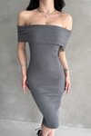 Gri Madonna Yaka Kaşkorse Midi Elbise