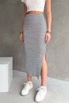 Gri Yırtmaçlı Kaşkorse Çizgili Midi Etek