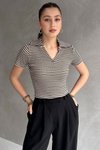 Kahverengi Çizgili Kaşkorse Kısa Kollu Yaka Detaylı V T-shirt