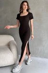 Brown Square Neck Half Sleeve Slit Long Ribbed Dress