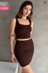 Kahverengi Modal Kumaş Mini Etek Crop Bluz İkili Takım
