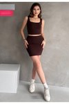 Kahverengi Modal Kumaş Mini Etek Crop Bluz İkili Takım