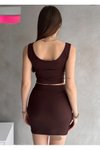 Kahverengi Modal Kumaş Mini Etek Crop Bluz İkili Takım