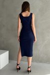 Lacivert Askılı Midi Boy Yırtmaçlı Elbise